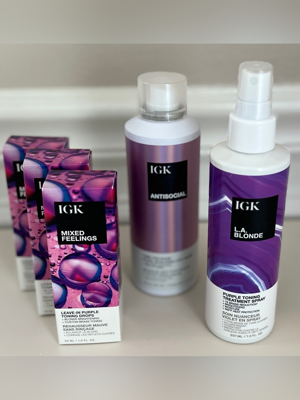 Lot of 5 - IGK Mixed Feelings Purple Blonde Toning Drops, Spray & Repairing Mask